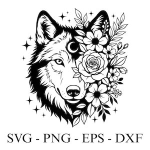 Könnte beinhalten: Schwarz-Weiß-Illustration eines Wolfsgesichts, verziert mit Blumen und einem Halbmond. Das Design beinhaltet eine Rose und verschiedene andere florale Elemente. Der Text "SVG - PNG - EPS - DXF" befindet sich unten.