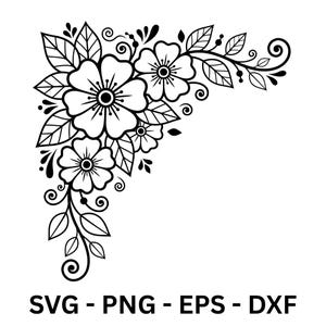 Puede incluir: Diseño floral de esquina en blanco y negro con flores, hojas y espirales. El diseño incluye el texto "SVG - PNG - EPS - DXF". Este gráfico es adecuado para varios proyectos digitales e impresos.