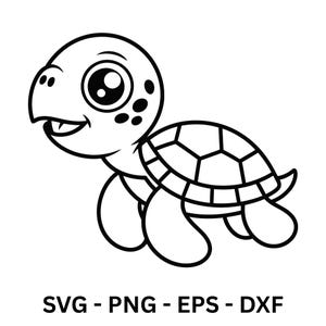 Könnte beinhalten: Schwarz-weiße Cartoon-Illustration einer lächelnden Schildkröte. Die Schildkröte hat ein detailliertes Schalenmuster und große, ausdrucksstarke Augen. Das Bild enthält den Text "SVG - PNG - EPS - DXF" am unteren Rand.