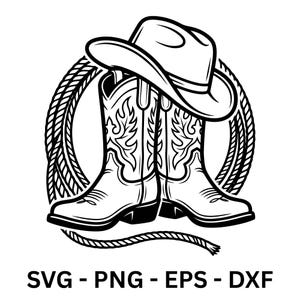 Könnte beinhalten: Schwarz-Weiß-Illustration von Cowboy-Stiefeln und einem Cowboyhut, umgeben von einem Seil. Die Stiefel haben dekorative Nähte. Das Bild enthält den Text: SVG - PNG - EPS - DXF.