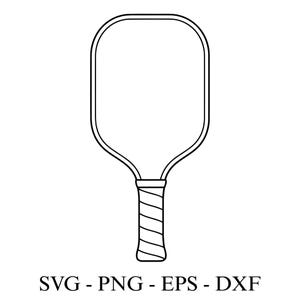 May include: Black and white line drawing of a pickleball paddle. The paddle features a rectangular head with curved edges and a patterned grip. The text "SVG - PNG - EPS - DXF" is beneath the paddle.