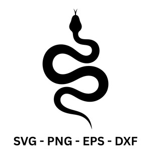 Könnte beinhalten: Schwarze Schlangensilhouette mit geschwungenem Körper und erhobenem Kopf. Der Text "SVG - PNG - EPS - DXF" befindet sich unten und gibt Dateiformate für digitales Design oder Bastelprojekte an.