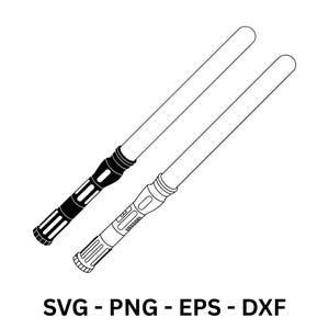 Könnte beinhalten: Zwei schwarz-weiße Lichtschwerter, eines mit einem schwarzen Griff und das andere mit einem detaillierten, helleren Griff. Das Bild enthält den Text "SVG - PNG - EPS - DXF".