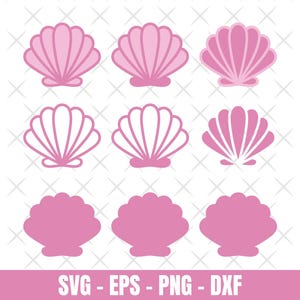 Könnte beinhalten: Rosa Muschelmotive in verschiedenen Stilen, einschließlich Umrissen und Vollformen, angeordnet auf weißem Hintergrund mit einem sich wiederholenden Kreuzmuster. Der Text "SVG - EPS - PNG - DXF" ist enthalten.