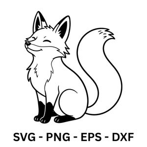 Pode incluir: Ilustração a preto e branco de uma raposa sentada, com a cabeça levantada e os olhos fechados. A raposa tem um peito e uma cauda fofos. A imagem inclui o texto "SVG - PNG - EPS - DXF" na parte inferior.