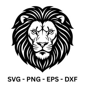 Könnte beinhalten: Schwarz-weiße Illustration eines Löwenkopfes mit detaillierter Mähne und Gesichtszügen. Der Text "SVG - PNG - EPS - DXF" ist unten abgebildet, der Dateiformate angibt.