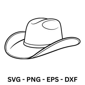 Könnte beinhalten: Schwarz-weiße Illustration eines Cowboyhuts. Der Hut hat eine abgerundete Krone und eine breite Krempe. Der Text "SVG - PNG - EPS - DXF" steht darunter.