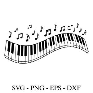 Könnte beinhalten: Schwarz-weiße Illustration einer geschwungenen Klaviertastatur mit darüber schwebenden Noten. Die Tastatur hat schwarze und weiße Tasten. Der Text "SVG - PNG - EPS - DXF" ist enthalten.