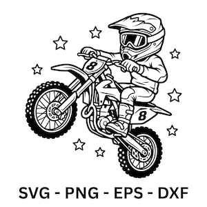 Può includere: Illustrazione in bianco e nero di un pilota di motocross dei cartoni animati su una moto, con il numero 8 sulla moto. Il pilota indossa un casco e occhiali. Le stelle circondano la moto. Il testo "SVG - PNG - EPS - DXF" è in basso.