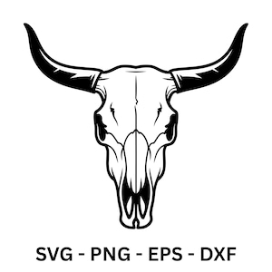 May include: A monochrome illustration of a bull skull, featuring prominent, curved horns. The image includes the text "SVG - PNG - EPS - DXF" at the bottom, indicating file formats.