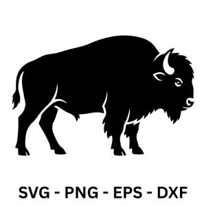 Könnte beinhalten: Eine schwarze Silhouette eines Bisons auf weißem Hintergrund. Das Bild enthält den Text "SVG - PNG - EPS - DXXF" am unteren Rand, der Dateiformate angibt. Der Bison ist ein großes Säugetier.