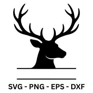 Puede incluir: Silueta negra de una cabeza de ciervo con grandes cuernos. Debajo del ciervo hay una línea horizontal y el texto "SVG - PNG - EPS - DXF" en negrita. La imagen está sobre un fondo blanco.