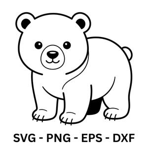 Könnte beinhalten: Schwarz-weiße Cartoon-Illustration eines Bärenjungen. Der Bär hat einen runden Kopf, kleine schwarze Ohren und einen kleinen Schwanz. Das Bild enthält unten den Text "SVG - PNG - EPS - DXF".