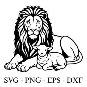 Könnte beinhalten: Schwarz-Weiß-Illustration eines Löwen und eines Lammes. Der Löwe hat eine detaillierte Mähne, und das Lamm liegt daneben. Der Text "SVG - PNG - EPS - DXF" ist enthalten.