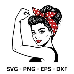 Könnte beinhalten: Schwarz-Weiß-Illustration einer Frau, die ihren Arm beugt, mit einem roten Polka-Dot-Stirnband. Die Frau hat dunkles Haar und roten Lippenstift. Der Text "SVG - PNG - EPS - DXF" ist enthalten.