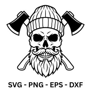 May include: Black and white illustration of a skull wearing a knit cap and a long, stylized beard with a handlebar mustache. Two axes are crossed behind the skull. The text "SVG - PNG - EPS - DXF" is at the bottom.