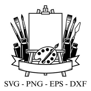 Könnte beinhalten: Schwarz-Weiß-Illustration von Kunstbedarf, einschließlich Pinseln, Farbtuben, einer Palette und einer Staffelei. Am unteren Rand befindet sich ein Banner mit dem Text "SVG - PNG - EPS - DXF".
