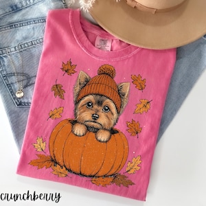 Könnte beinhalten: Ein leuchtend pinkfarbenes T-Shirt mit einer Grafik eines kleinen braunen Hundes, der eine orangefarbene Strickmütze trägt und in einem großen orangefarbenen Kürbis sitzt. Das Motiv ist von verstreuten orangefarbenen und braunen Herbstblättern umgeben.