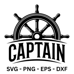 Puede incluir: Gráfico náutico en blanco y negro con un timón de barco sobre la palabra "CAPTAIN" en negrita. Debajo, las abreviaturas de tipo de archivo: SVG, PNG, EPS y DXF.