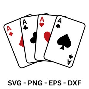 Könnte beinhalten: Vier Spielkarten, jeweils ein Ass, auf weißem Hintergrund aufgefächert. Die Farben sind rote Rauten und Herzen sowie schwarze Kreuze und Pik. Der Text "SVG - PNG - EPS - DXF" befindet sich darunter.