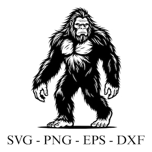 Könnte beinhalten: Schwarz-Weiß-Illustration eines Bigfoot, einer großen, affenartigen Kreatur. Das Bild zeigt den Bigfoot aufrecht stehend mit ernstem Gesichtsausdruck. Der Text "SVG - PNG - EPS - DXF" befindet sich unten.