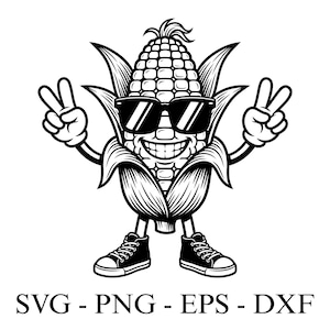 Könnte beinhalten: Schwarz-Weiß-Illustration eines lächelnden Maiskolbens mit Sonnenbrille und Turnschuhen, der mit beiden Händen das Friedenszeichen gibt. Der Text "SVG - PNG - EPS - DXF" steht unten.