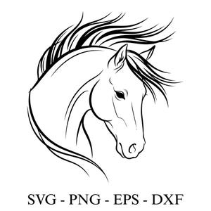 Könnte beinhalten: Eine schwarz-weiße Strichzeichnung eines Pferdekopfes. Die Mähne des Pferdes weht im Wind, und der Text "SVG - PNG - EPS - DXF" steht darunter.