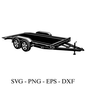 May include: Black and white illustration of a car trailer. The trailer has two wheels, a flatbed, and a hitch. The text "SVG - PNG - EPS - DXF" is at the bottom.