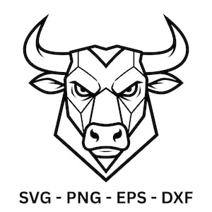 May include: A black and white geometric illustration of a bull's head. The bull has large curved horns, pointed ears, and an intense expression. The image includes the text "SVG - PNG - EPS - DXF" at the bottom.