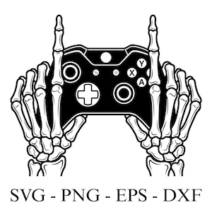 Op de afbeelding: Zwart-wit afbeelding van een gamecontroller die wordt vastgehouden door twee skeletachtige handen, met de wijsvingers omhoog. De controller heeft knoppen met de letters A, B, X en Y. De tekst "SVG - PNG - EPS - DXF" staat eronder.