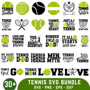 Könnte beinhalten: Eine Sammlung von Tennis-Designs im SVG-Format in Grün und Schwarz. Die Designs umfassen Tennisbälle, Schläger und Sätze wie "Tennis Mom", "Tennis is my life" und "Love". Das Bundle enthält SVG-, PNG-, EPS- und DXF-Dateien.