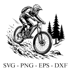 Könnte beinhalten: Schwarz-Weiß-Illustration eines Mountainbikers, der bergab fährt. Der Biker trägt einen Helm und einen Rucksack. Das Bild enthält den Text "SVG - PNG - EPS - DXF".