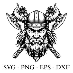 Pode incluir: Ilustração a preto e branco de um guerreiro viking com capacete, barba longa e machados cruzados. A imagem inclui o texto "SVG - PNG - EPS - DXF". O viking tem uma expressão severa.