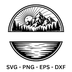 Könnte beinhalten: Schwarz-weißes Berg- und See-Design. Die obere Hälfte zeigt eine Bergkette mit aufgehender Sonne und Bäumen. Die untere Hälfte zeigt einen See. Der Text "SVG - PNG - EPS - DXF" befindet sich unten.
