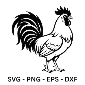 Könnte beinhalten: Schwarz-weiße Illustration eines Hahns im Profil. Der Hahn hat einen großen, gebogenen Schwanz und einen markanten Kamm. Der Text "SVG - PNG - EPS - DXF" wird darunter angezeigt.