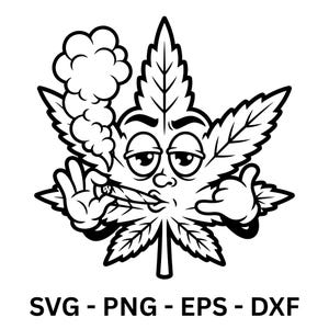 Könnte beinhalten: Schwarz-weiße Cartoon-Illustration eines Cannabisblattes mit Gesicht, das einen Joint raucht und Rauch ausatmet. Das Bild enthält den Text "SVG - PNG - EPS - DXF".