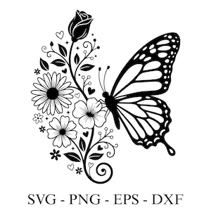 Op de afbeelding: Zwart-wit illustratie van een vlinder met gedetailleerde vleugelpatronen, naast een bloemstuk. Het arrangement bevat een roos, madeliefjes en andere bloemen, met harten en krullen. De tekst "SVG - PNG - EPS - DXXF" staat onderaan.