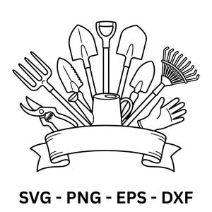 Garden Svg, Gardening Tools and Watering Can with Banner, Gardener Gift, Outdoor Hobby, Cut Files, Svg, Instant Download