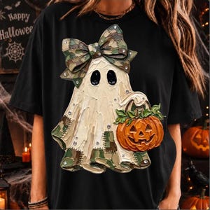 Comfort Colors® Halloween Camo Ghost T-Shirt, Pumpkin Shirt, Rhinestone Oil Paint Shirt, Cute Bow Ghost Tee, Fall T-Shirt