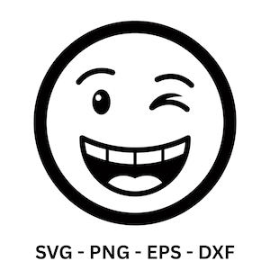 Könnte beinhalten: Ein schwarz-weißes Emoji mit einem zwinkernden Auge und einem breiten, offenen Mund. Das Emoji ist ein Kreis mit dicken schwarzen Umrissen. Unter dem Emoji steht der Text "SVG - PNG - EPS - DXF".