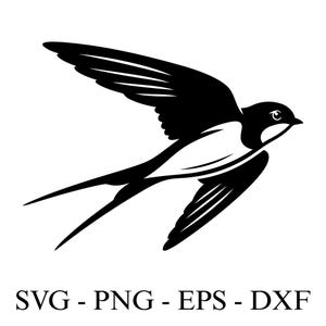 Puede incluir: Ilustración en blanco y negro de una golondrina en vuelo. El ave tiene las alas extendidas y una cola bifurcada. La imagen incluye el texto "SVG - PNG - EPS - DXF" en la parte inferior.