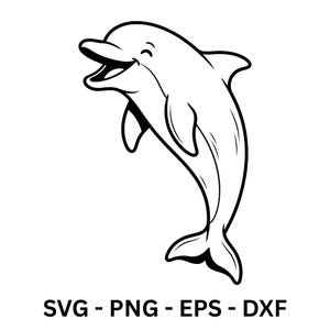 Op de afbeelding: Een zwart-wit illustratie van een lachende dolfijn die omhoog springt. De dolfijn heeft een gebogen lichaam, vinnen en een staart. De tekst "SVG - PNG - EPS - DXF" is eronder afgedrukt.
