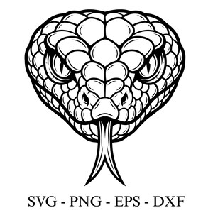 Può includere: Illustrazione in bianco e nero di una testa di serpente, con squame dettagliate e occhi penetranti. La lingua biforcuta del serpente è estesa. Il testo "SVG - PNG - EPS - DXF" è in basso nell'immagine.