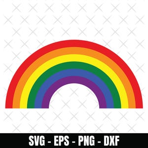 Könnte beinhalten: Eine farbenfrohe Regenbogen-Illustration mit roten, orangen, gelben, grünen, blauen und violetten Bändern. Der Text "SVG - EPS - PNG - DXF" befindet sich in einem schwarzen Banner am unteren Rand, vor einem weißen Hintergrund mit grauen Kreuzmustern.