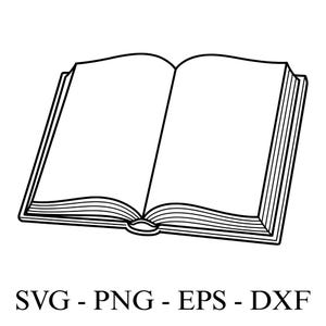 以下が含まれることがあります： 開いた本の白黒線画イラスト。本は白紙の見開きページに開かれています。「SVG - PNG - EPS - DXF」の文字が本の下にあります。