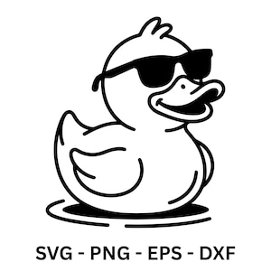 Könnte beinhalten: Schwarz-weiße Illustration einer Cartoon-Ente mit Sonnenbrille. Die Ente lächelt und scheint auf dem Wasser zu schwimmen. Das Bild enthält den Text "SVG - PNG - EPS - DXF".