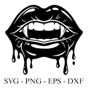 Puede incluir: Gráfico en blanco y negro de labios abiertos con colmillos afilados, goteando una sustancia líquida. La imagen incluye el texto "SVG - PNG - EPS - DXF" en la parte inferior, indicando formatos de archivo.