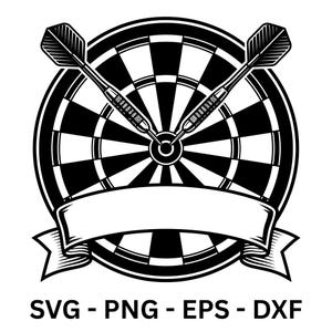 Könnte beinhalten: Schwarz-weiße Illustration einer Dartscheibe mit zwei gekreuzten Darts. Unterhalb der Dartscheibe befindet sich ein Banner. Der Text "SVG - PNG - EPS - DXF" ist unten im Bild zu sehen.