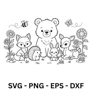 Könnte beinhalten: Schwarz-Weiß-Illustration von Waldtieren: ein Bär, ein Fuchs, ein Igel, ein Kaninchen und ein Reh. Eine Biene und ein Schmetterling sind ebenfalls vorhanden. Der Text lautet: SVG - PNG - EPS - DXF.