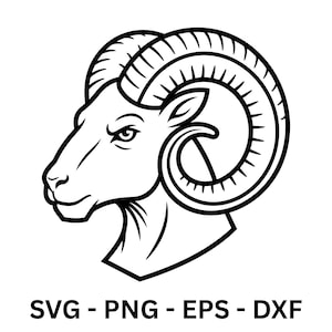 Könnte beinhalten: Schwarz-weiße Illustration eines Widderkopfes im Profil. Der Widder hat große, gebogene Hörner und einen strengen Ausdruck. Das Bild enthält den Text "SVG - PNG - EPS - DXF" am unteren Rand.